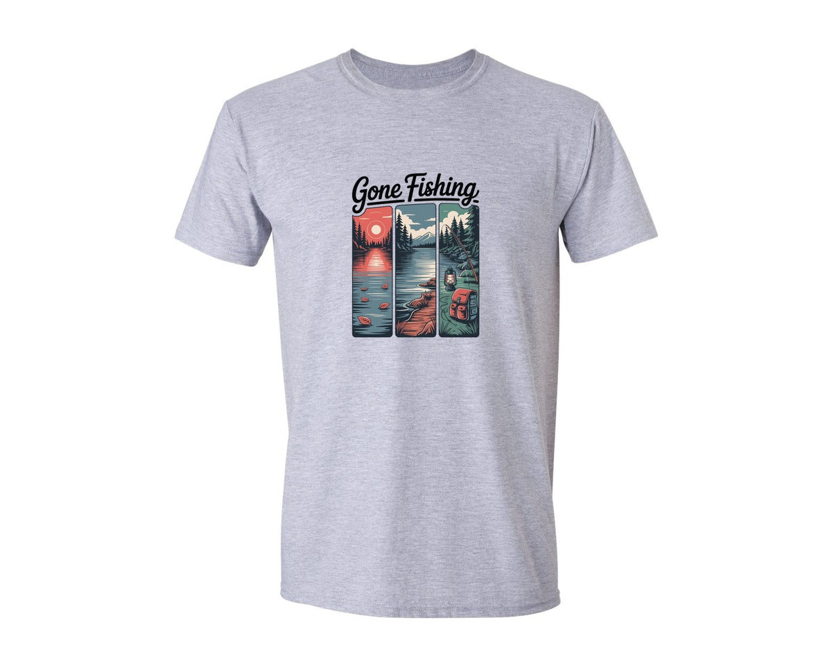 brand:Generic|color:Sports Grey / Athletic Heather|Gone Fishing Lake Adventure Design Graphic T-Shirt