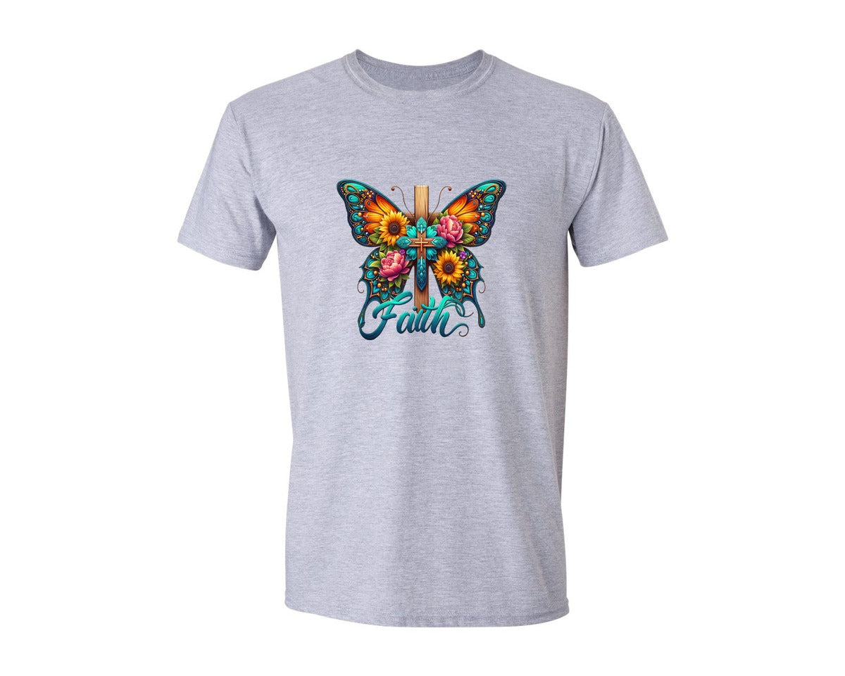 brand:Generic|color:Sports Grey / Athletic Heather|Faith Butterfly Cross Colorful Graphic T-Shirt