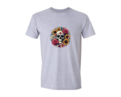 brand:Generic|color:Sports Grey / Athletic Heather|Vintage Floral Skull Printable Art Graphic T-Shirt