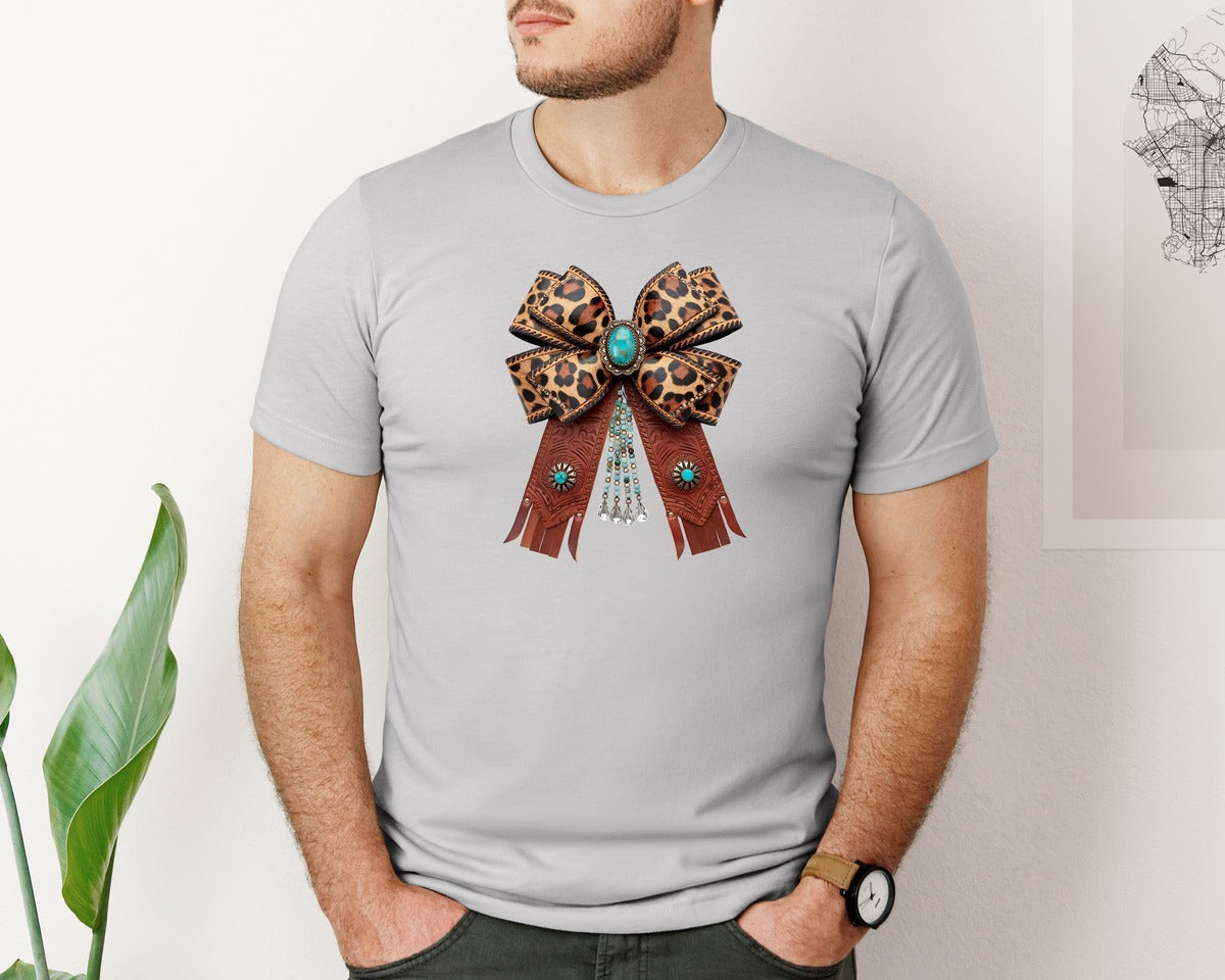 brand:Bella Canvas|color:Sports Grey / Athletic Heather|Western Leopard Bow Coquette Cowgirl 2 Graphic T-Shirt