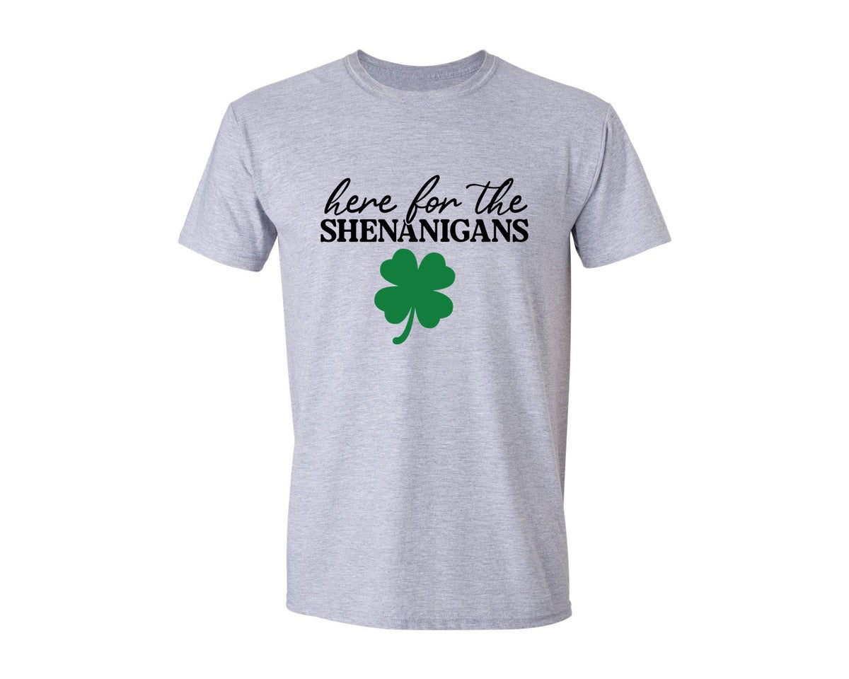 brand:Generic|color:Sports Grey / Athletic Heather|Here For Shenanigans Funny Irish Graphic T-Shirt