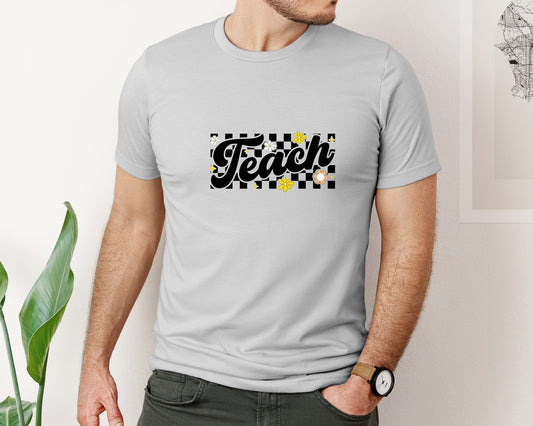 Teach Checkered Floral Teacher Graphic T-Shirt