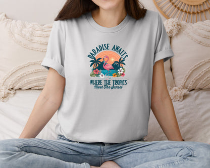 brand:Bella Canvas|color:Sports Grey / Athletic Heather|Summer Sunset Flamingo Summer Vibes Graphic T-Shirt