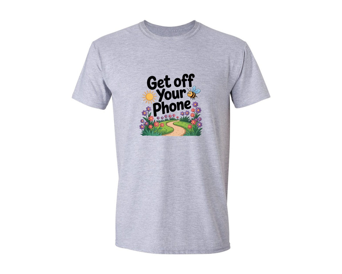 brand:Generic|color:Sports Grey / Athletic Heather|Get Off Your Phone Cute Bee Path Graphic T-Shirt