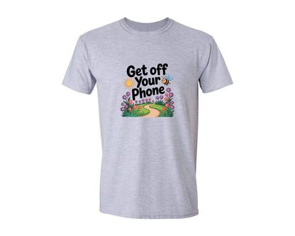 brand:Generic|color:Sports Grey / Athletic Heather|Get Off Your Phone Cute Bee Path Graphic T-Shirt