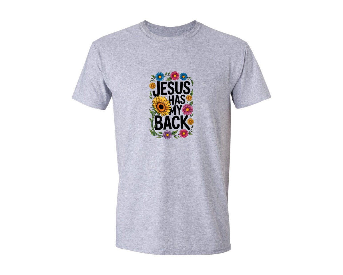 brand:Generic|color:Sports Grey / Athletic Heather|Jesus Has My Back With Sunflowers Graphic T-Shirt