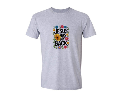 brand:Generic|color:Sports Grey / Athletic Heather|Jesus Has My Back With Sunflowers Graphic T-Shirt