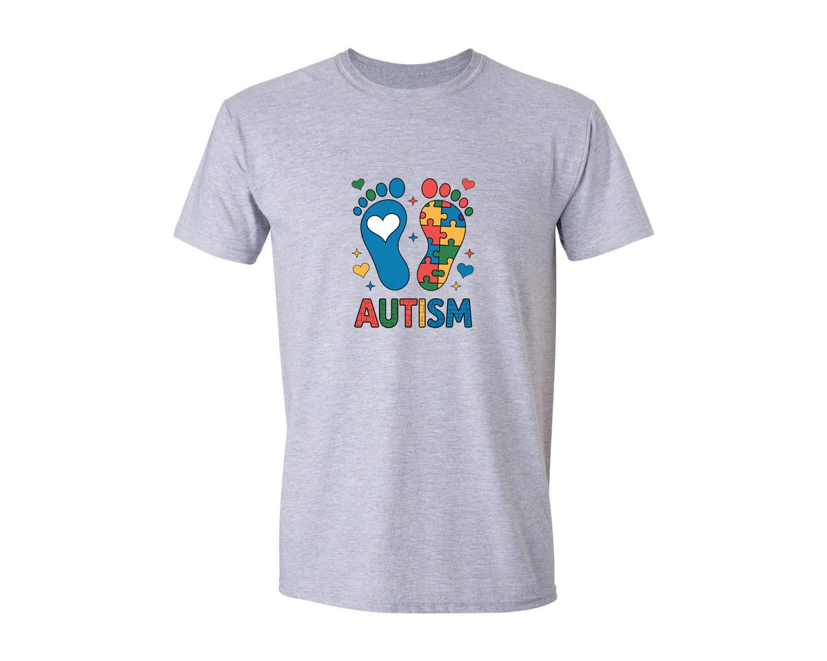 brand:Generic|color:Sports Grey / Athletic Heather|Autism Footprints Puzzle Foot Graphic T-Shirt