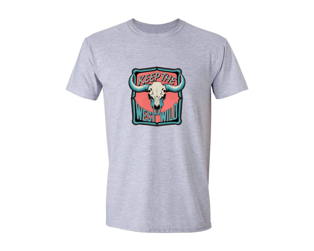 brand:Generic|color:Sports Grey / Athletic Heather|Keep The West Wild Skull Art 4 Graphic T-Shirt