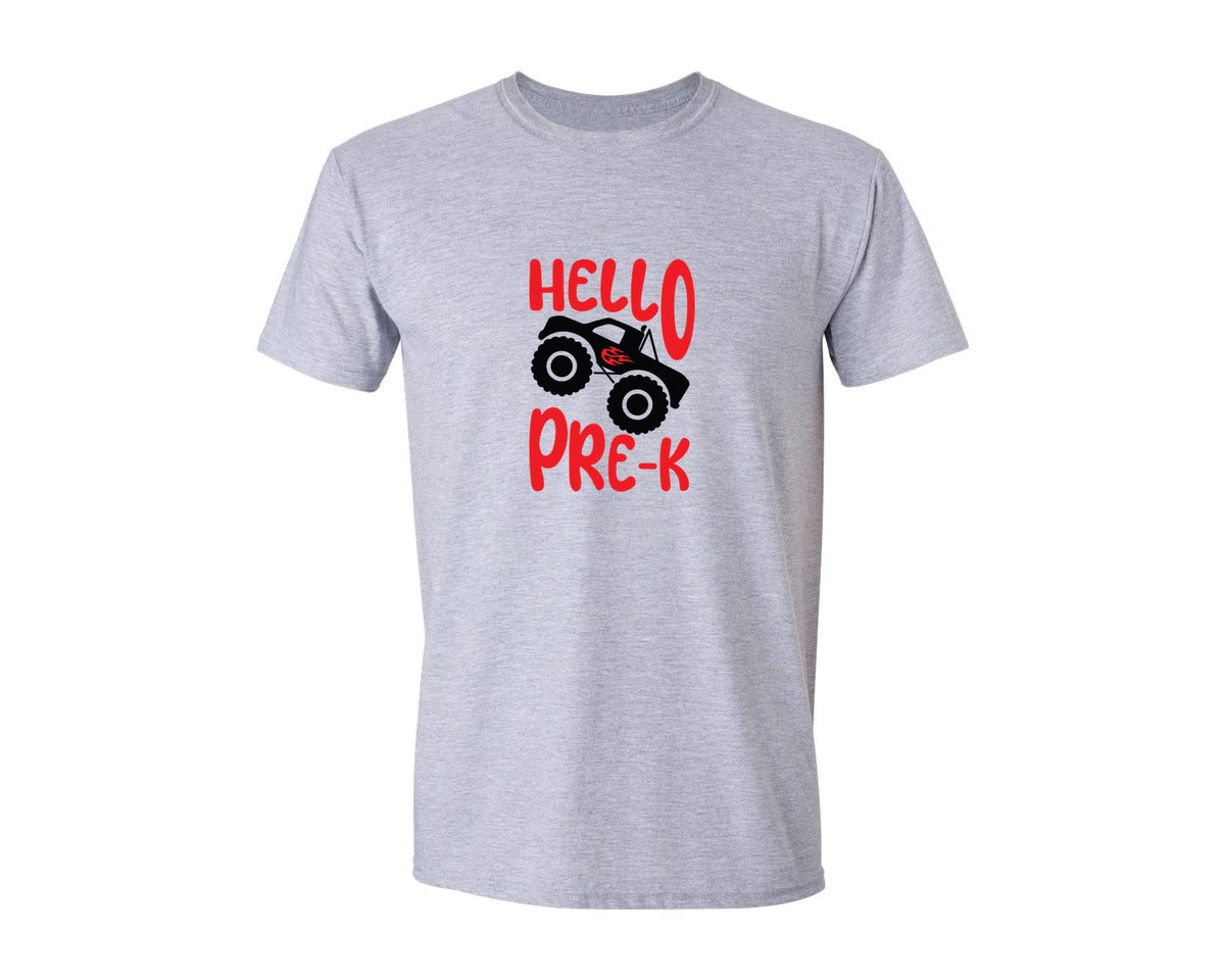 brand:Generic|color:Sports Grey / Athletic Heather|Hello Pre K Monster Truck Graphic T-Shirt