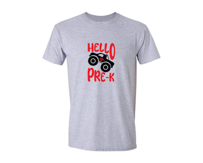 brand:Generic|color:Sports Grey / Athletic Heather|Hello Pre K Monster Truck Graphic T-Shirt