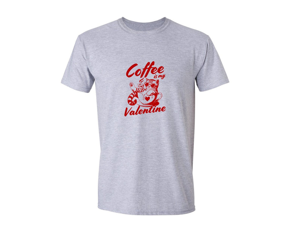 brand:Generic|color:Sports Grey / Athletic Heather|Funny Valentines Day Cat Coffee Graphic T-Shirt
