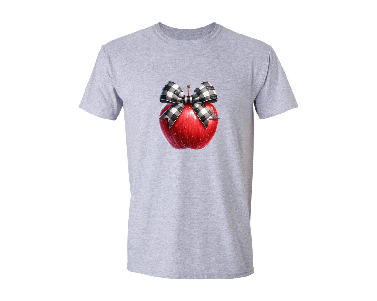 brand:Generic|color:Sports Grey / Athletic Heather|School Teacher Apple Checkered Bow Graphic T-Shirt