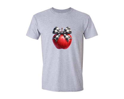 brand:Generic|color:Sports Grey / Athletic Heather|School Teacher Apple Checkered Bow Graphic T-Shirt