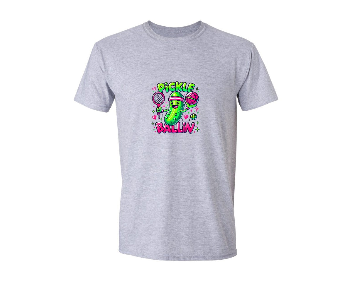 brand:Generic|color:Sports Grey / Athletic Heather|Cute Pickle Monster Playing Sports Graphic T-Shirt