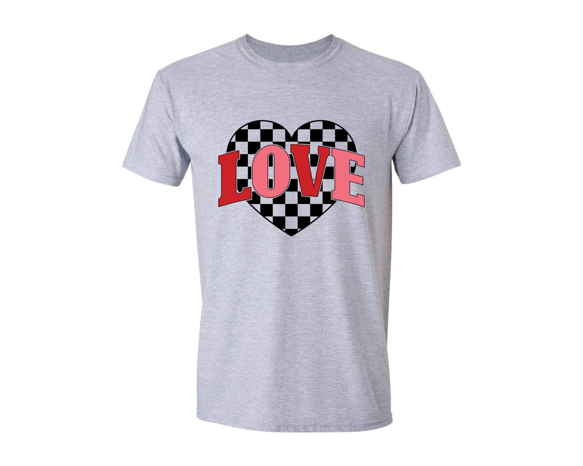 brand:Generic|color:Sports Grey / Athletic Heather|Checkered Heart Love Valentines Day Graphic T-Shirt