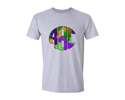 brand:Generic|color:Sports Grey / Athletic Heather|Glitter Mardi Gras Circle Monogram Set Graphic T-Shirt