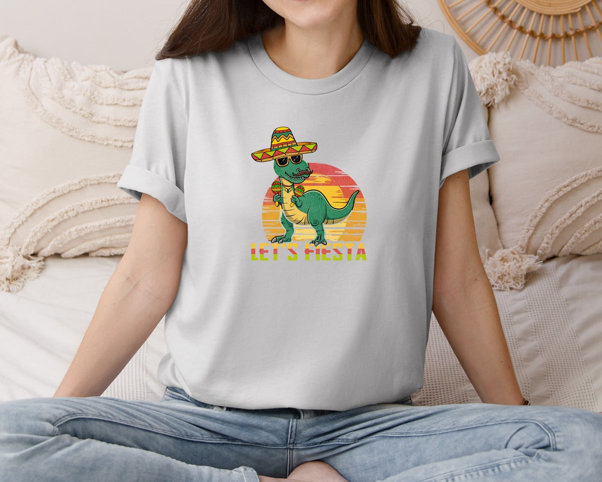 brand:Bella Canvas|color:Sports Grey / Athletic Heather|Lets Fiesta Dinosaur Cinco De Mayo Graphic T-Shirt