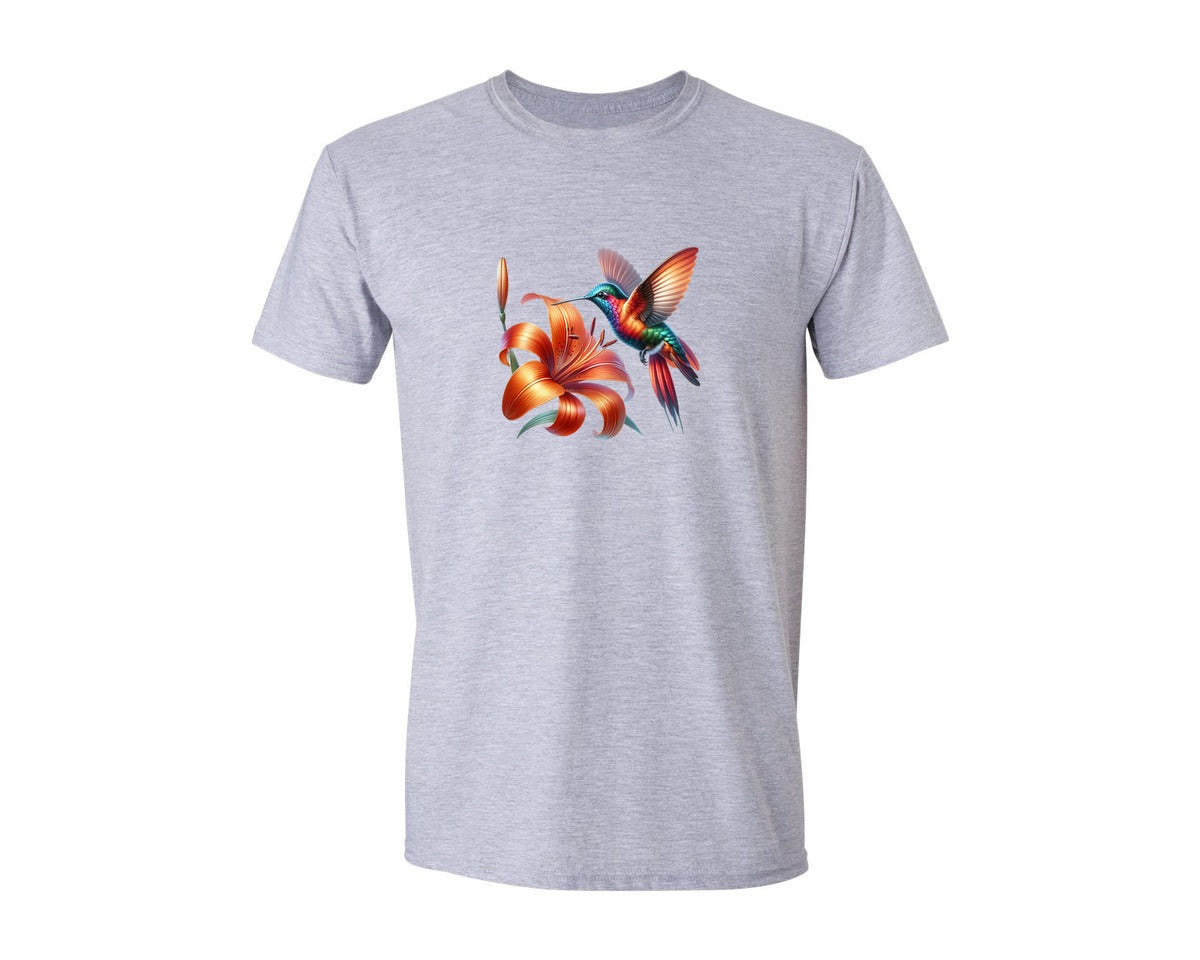 brand:Generic|color:Sports Grey / Athletic Heather|Colorful Flower Hummingbird Graphic T-Shirt