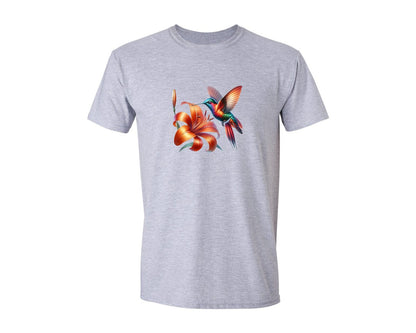 brand:Generic|color:Sports Grey / Athletic Heather|Colorful Flower Hummingbird Graphic T-Shirt