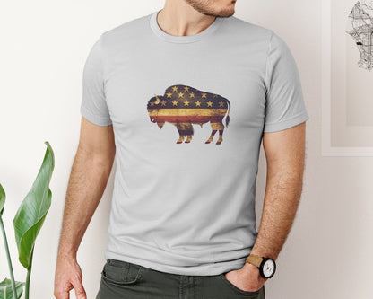 brand:Bella Canvas|color:Sports Grey / Athletic Heather|American Bison Patriotic Usa Flag 4 Graphic T-Shirt