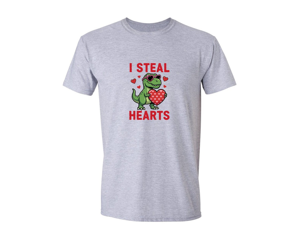 brand:Generic|color:Sports Grey / Athletic Heather|Kids I Steal Hearts T Rex Valentine 2 Graphic T-Shirt