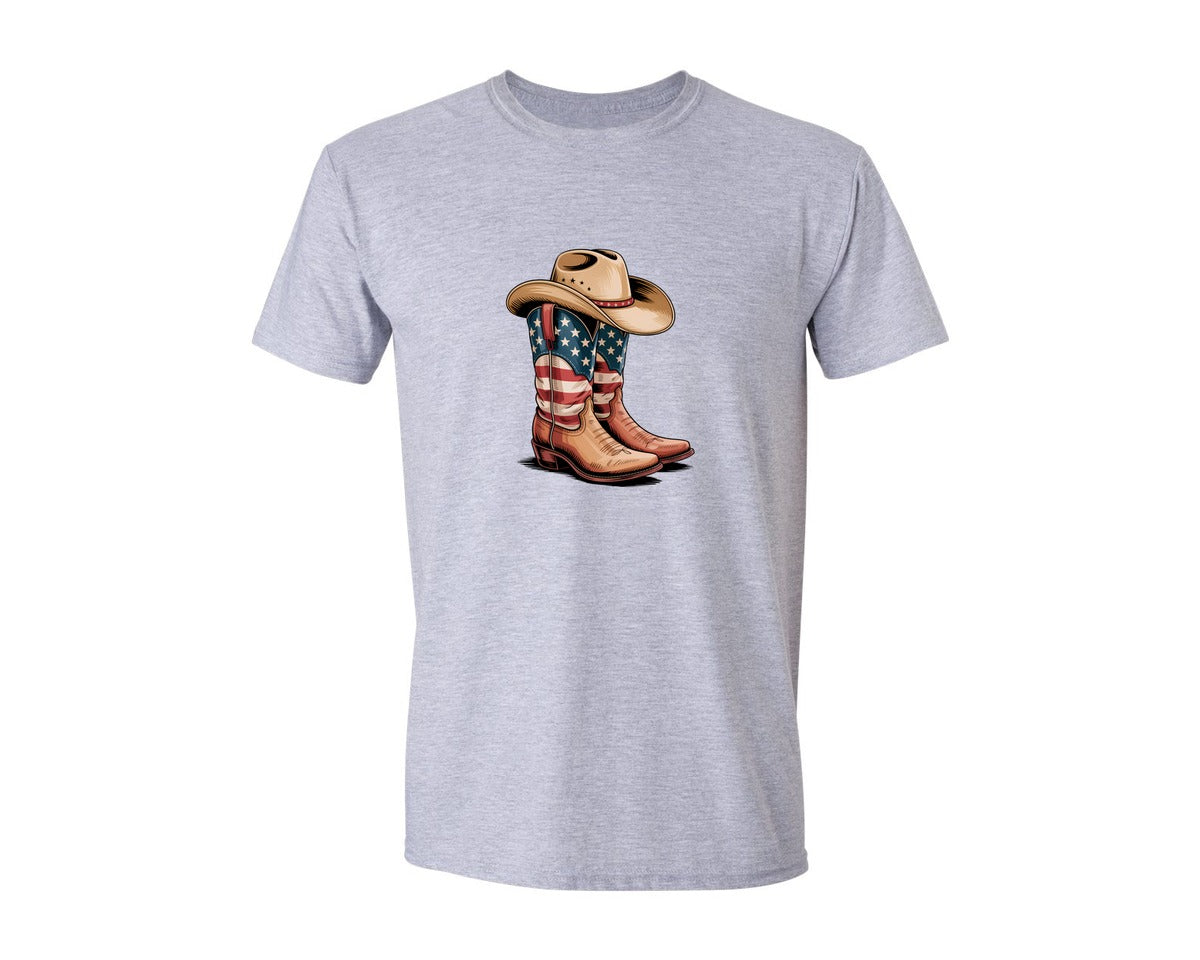 brand:Generic|color:Sports Grey / Athletic Heather|4Th Of July Cowboy Boots Watercolor Graphic T-Shirt