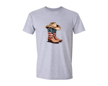 brand:Generic|color:Sports Grey / Athletic Heather|4Th Of July Cowboy Boots Watercolor Graphic T-Shirt