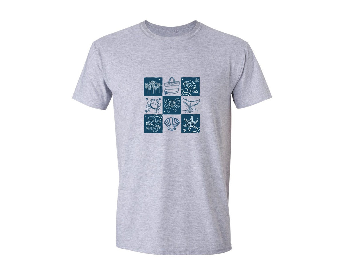 brand:Generic|color:Sports Grey / Athletic Heather|Summer Vibes Checkered Beach Graphic T-Shirt