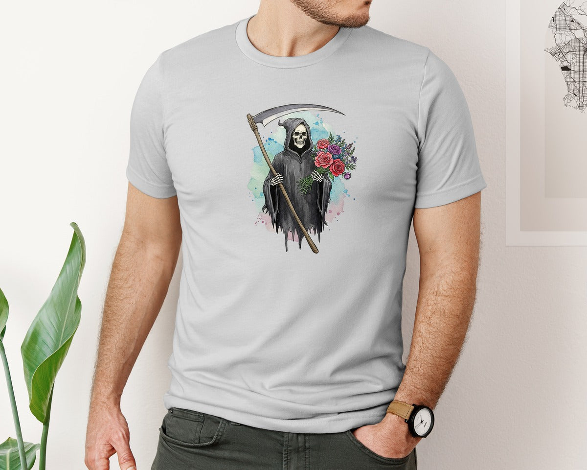 brand:Bella Canvas|color:Sports Grey / Athletic Heather|Grim Reaper With Flowers Gothic Graphic T-Shirt