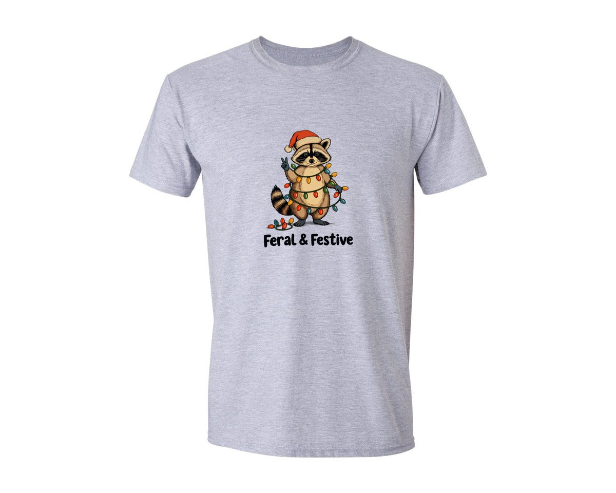 brand:Generic|color:Sports Grey / Athletic Heather|Feral And Festive Raccoon Christmas 2 Graphic T-Shirt