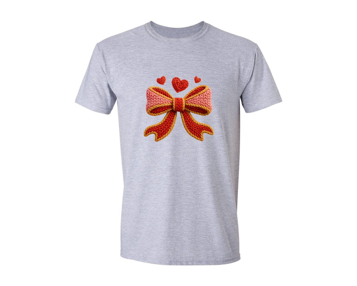 brand:Generic|color:Sports Grey / Athletic Heather|Faux Yarn Valentines Day Bow 5 Graphic T-Shirt