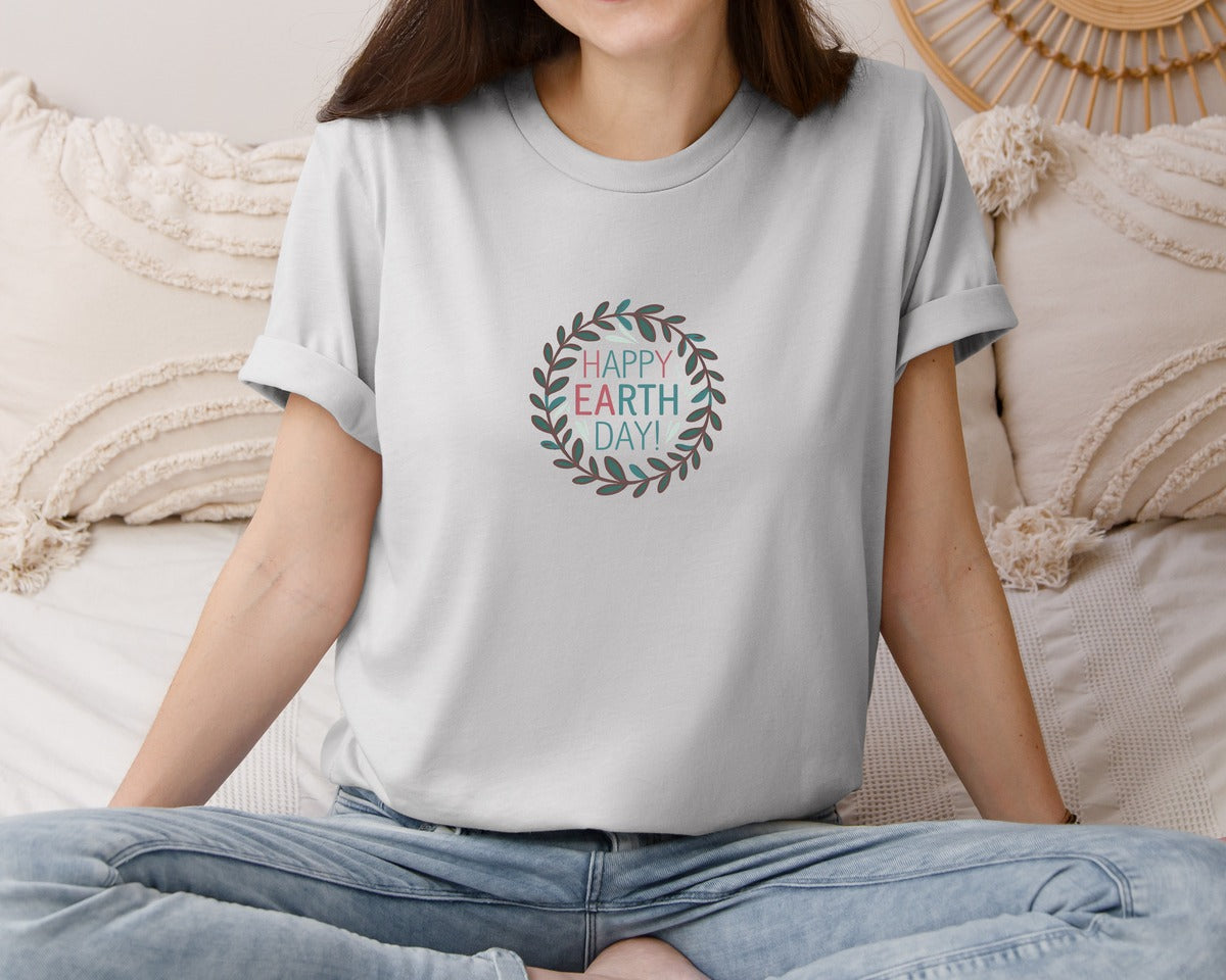 brand:Bella Canvas|color:Sports Grey / Athletic Heather|Earth Day With Leaf Wreath T Shirtdesign Graphic T-Shirt