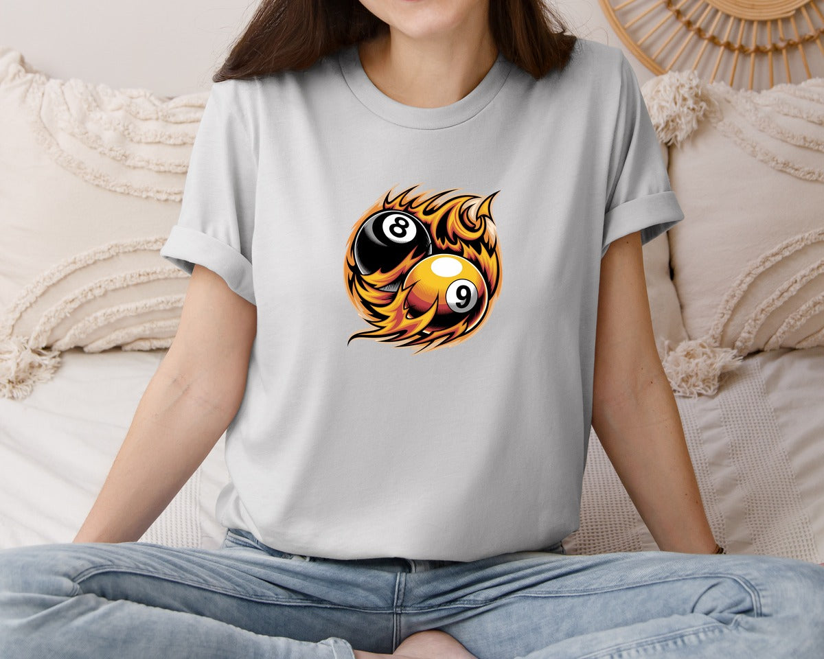 brand:Bella Canvas|color:Sports Grey / Athletic Heather|Flaming 8 9 Ball Billiards Graphic T-Shirt