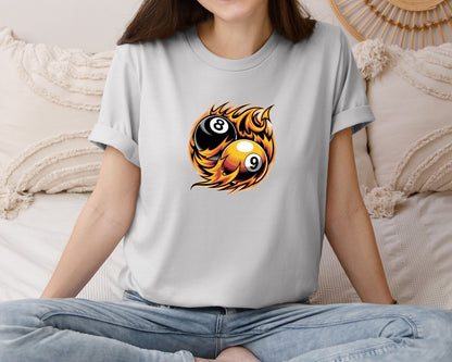 brand:Bella Canvas|color:Sports Grey / Athletic Heather|Flaming 8 9 Ball Billiards Graphic T-Shirt