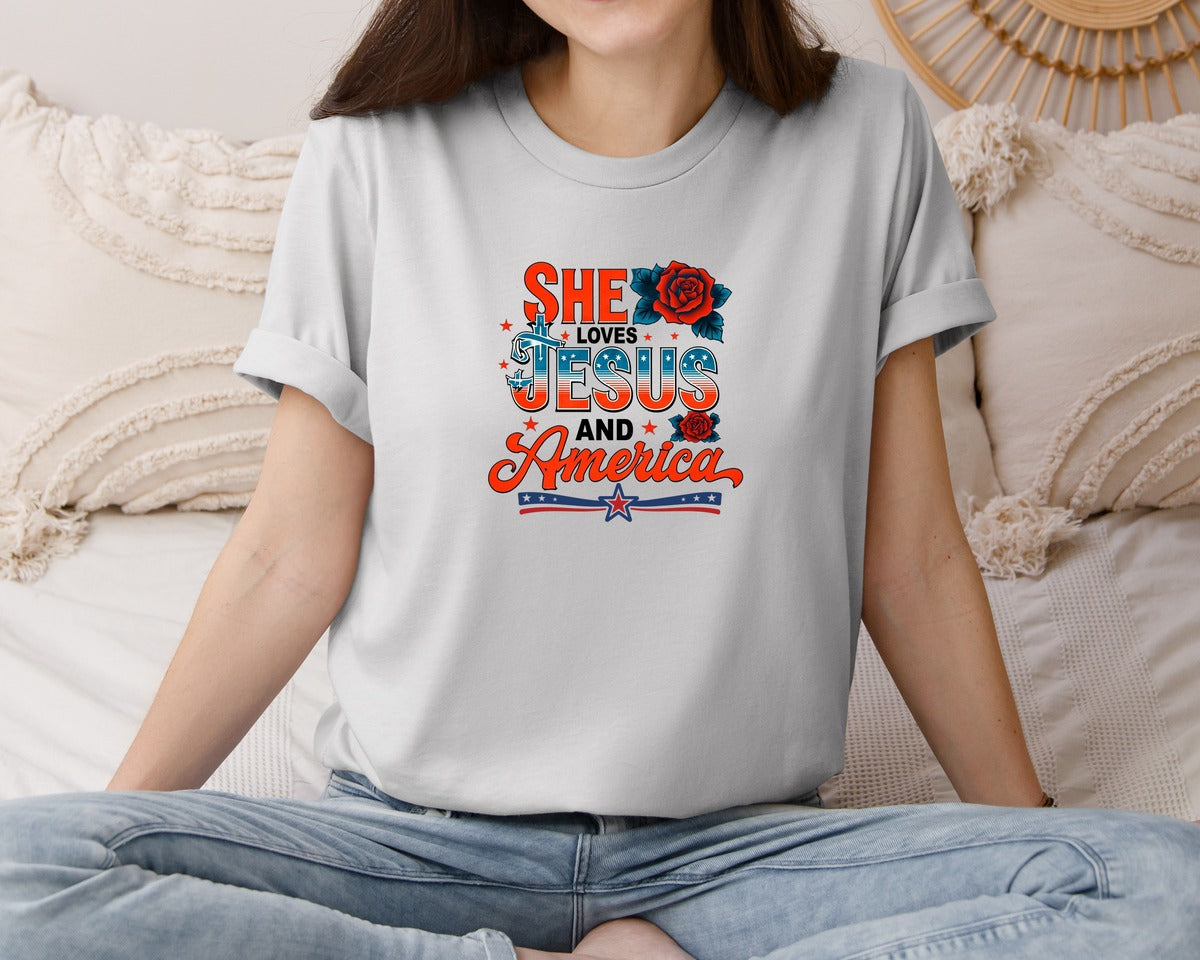 brand:Bella Canvas|color:Sports Grey / Athletic Heather|She Loves Jesus And America Floral Graphic T-Shirt
