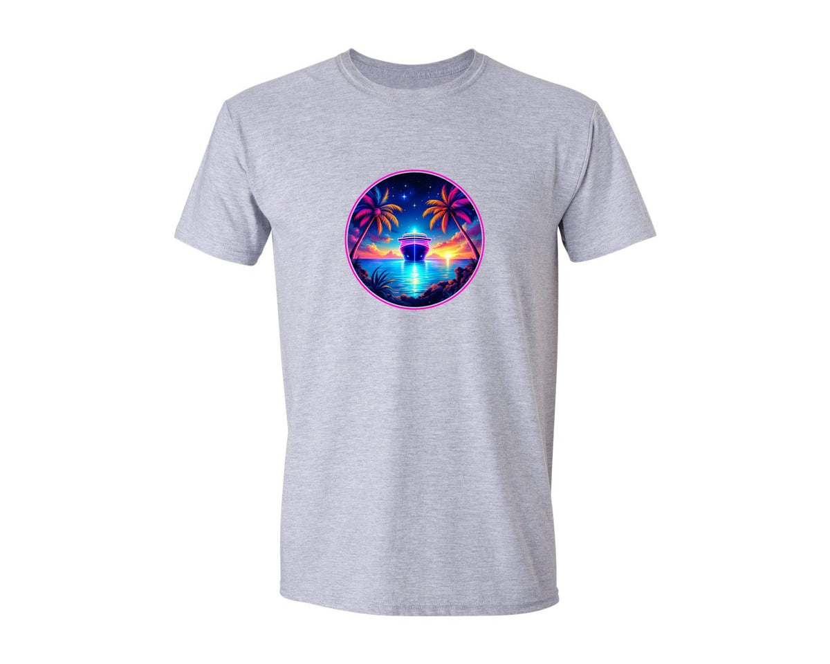 brand:Generic|color:Sports Grey / Athletic Heather|Neon Palm Tree Cruise Ship Graphic T-Shirt