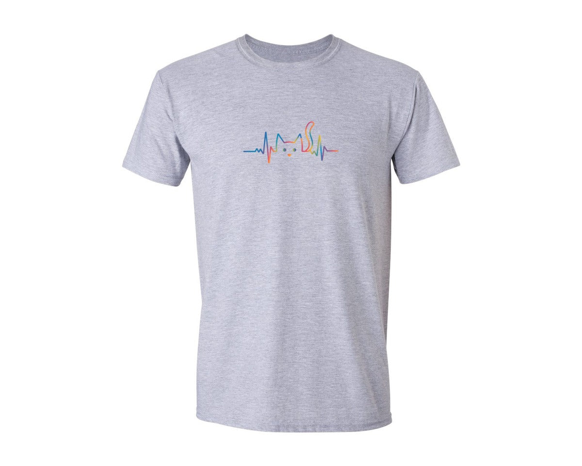 brand:Generic|color:Sports Grey / Athletic Heather|Rainbow Cat Heartbeat Line Graphic T-Shirt