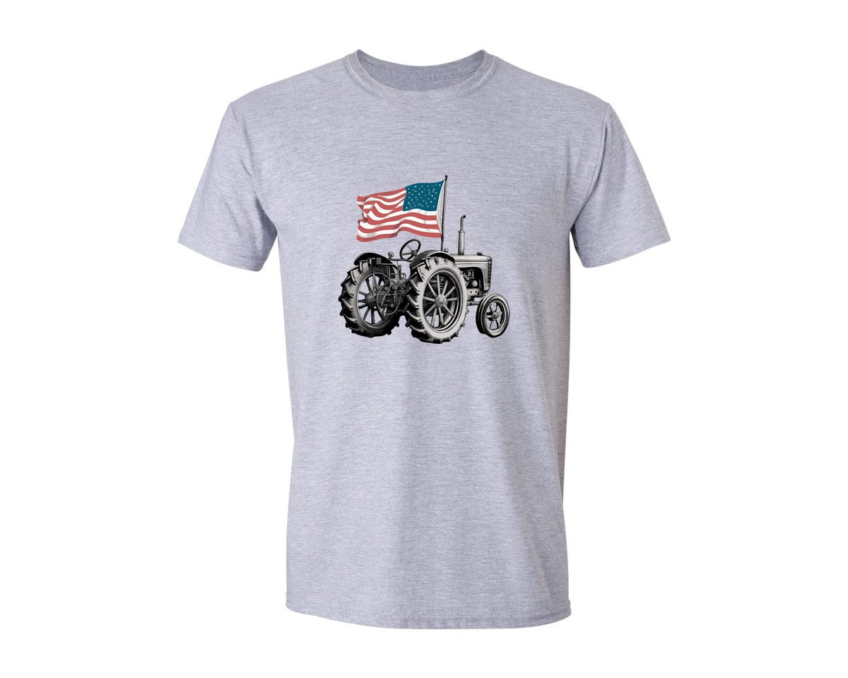 brand:Generic|color:Sports Grey / Athletic Heather|Tractor Usa Flag Vintage Farm Graphic T-Shirt