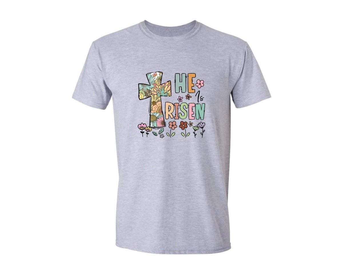 brand:Generic|color:Sports Grey / Athletic Heather|He Is Risen Easter Christian Faith Cross Graphic T-Shirt