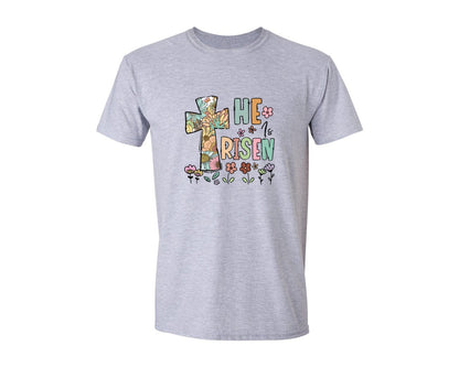 brand:Generic|color:Sports Grey / Athletic Heather|He Is Risen Easter Christian Faith Cross Graphic T-Shirt