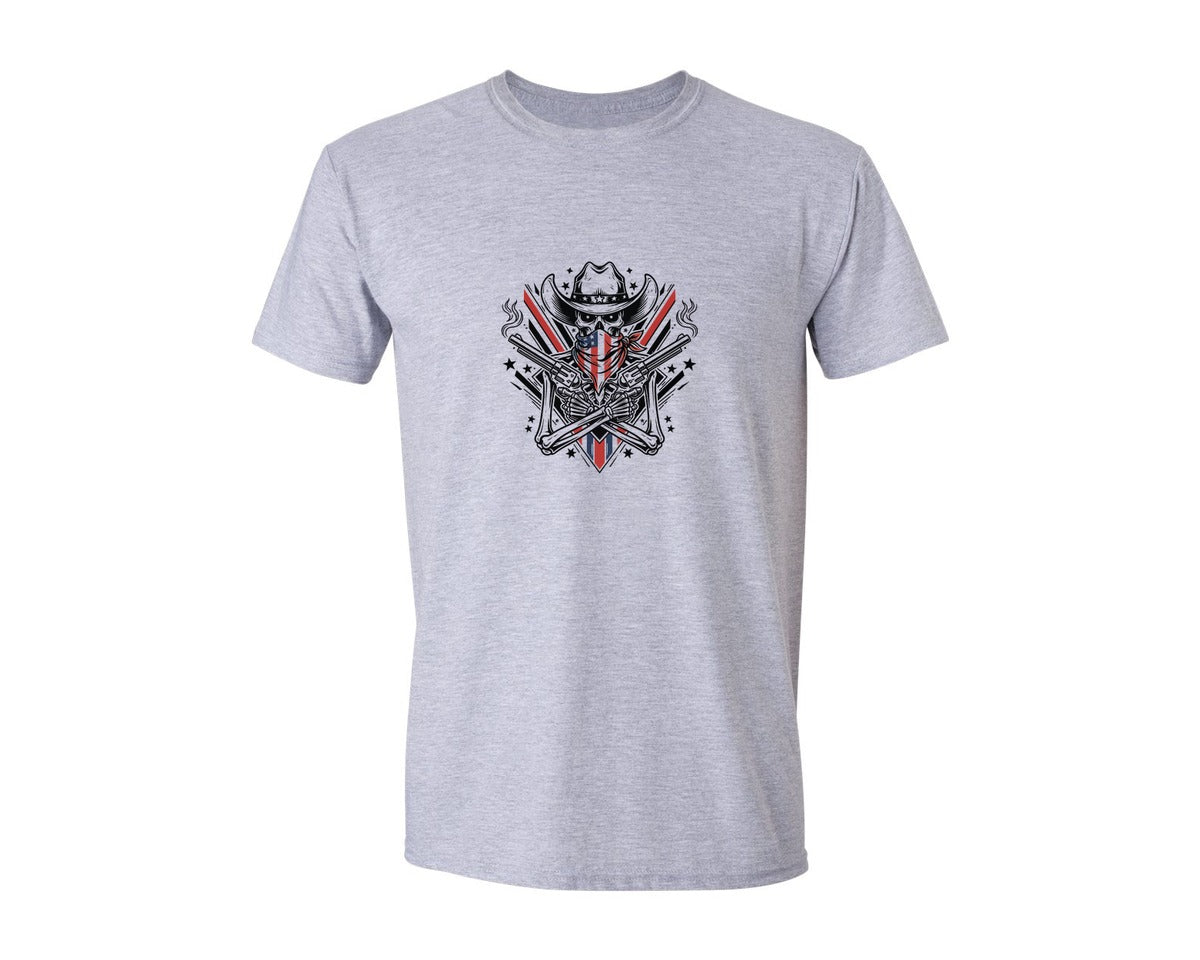 brand:Generic|color:Sports Grey / Athletic Heather|Skeleton Cowboy With Crossed Revolvers Graphic T-Shirt