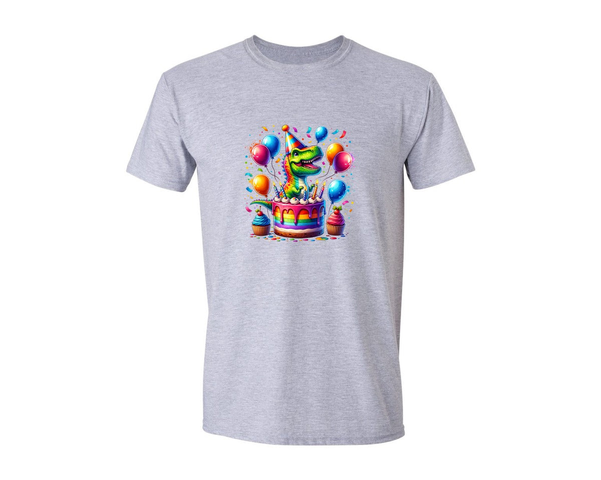 brand:Generic|color:Sports Grey / Athletic Heather|T Rex Dinosaur Birthday Cake Balloon Graphic T-Shirt