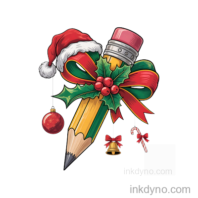 Festive Holiday Pencil With Bow And Ornaments Design — DTF Transfer