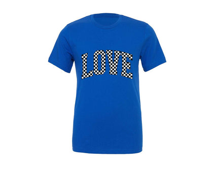 brand:Generic|color:True Royal Blue|Retro Checkered Love Valentine Varsity Graphic T-Shirt