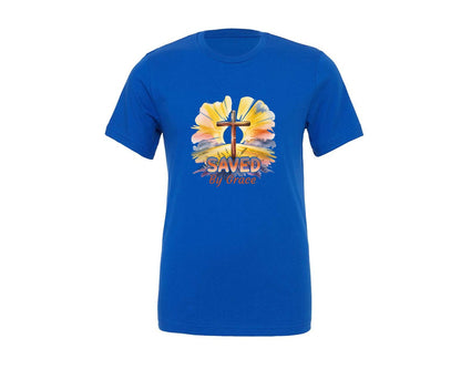 brand:Generic|color:True Royal Blue|Saved By Grace Christian Cross Easter Graphic T-Shirt