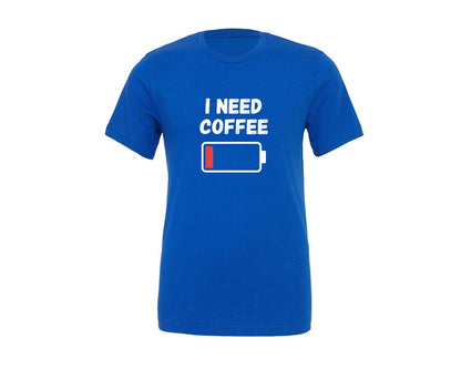 brand:Generic|color:True Royal Blue|Funny I Need Coffee Low Battery Graphic T-Shirt
