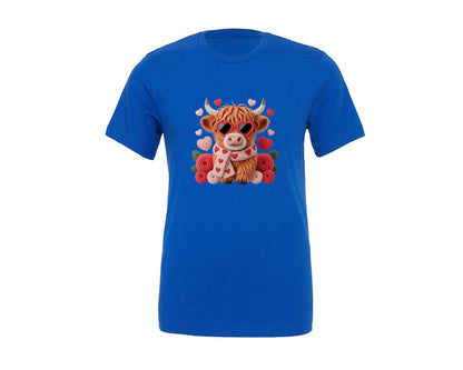 brand:Generic|color:True Royal Blue|Crochet Valentine Highland Cow Heart 2 Graphic T-Shirt