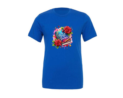 brand:Generic|color:True Royal Blue|The Best Teacher Book Flowers Graphic T-Shirt