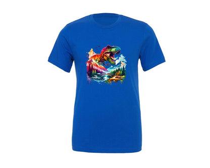 brand:Generic|color:True Royal Blue|Colorful T Rex Dinosaur Mountains Graphic T-Shirt